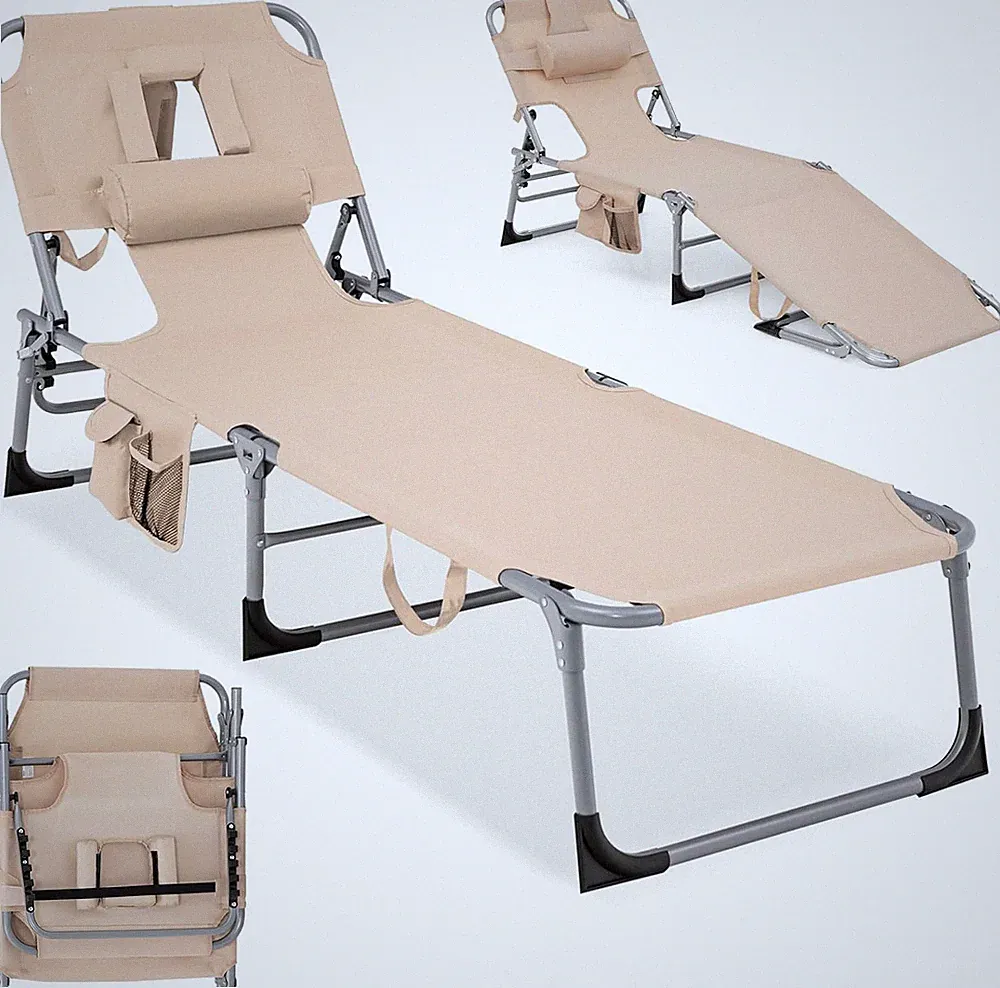 Adjustable Folding Beach Lounge Chair with Face Hole & Pillow, Beige