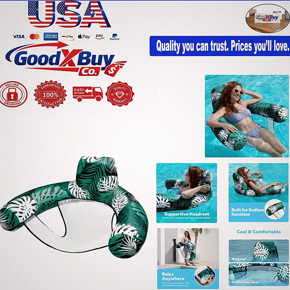 Adult Pool Float Lounge Chair Green Tropical Leaves Comfort Water Hammock Sum...