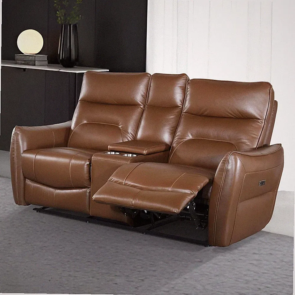 Caramel Brown Power Loveseat with Console & Cup Holders - 62.5-Inch 2-Seater