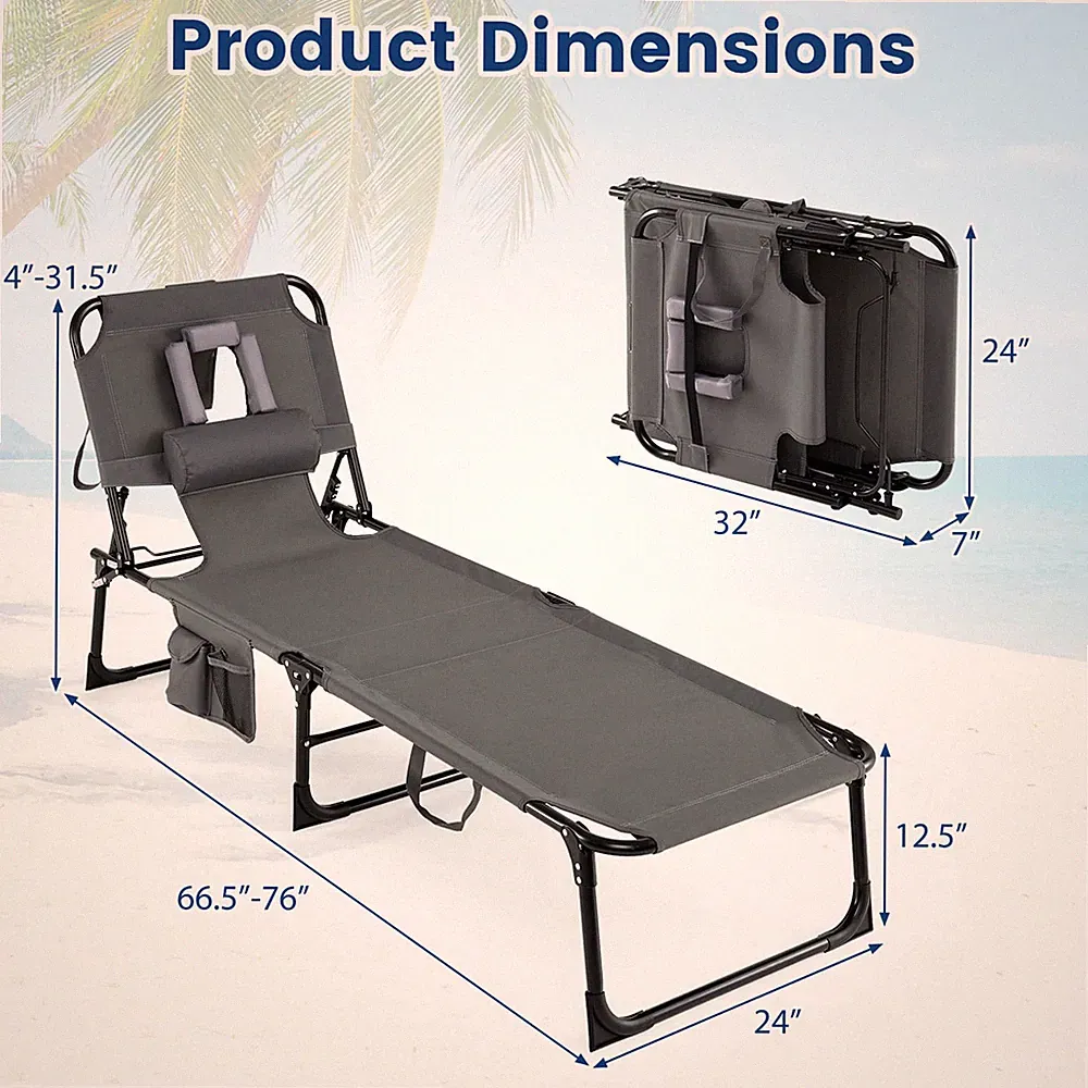 Goplus Outdoor Beach Lounge Chair Folding Chaise Lounge with Pillow Grey