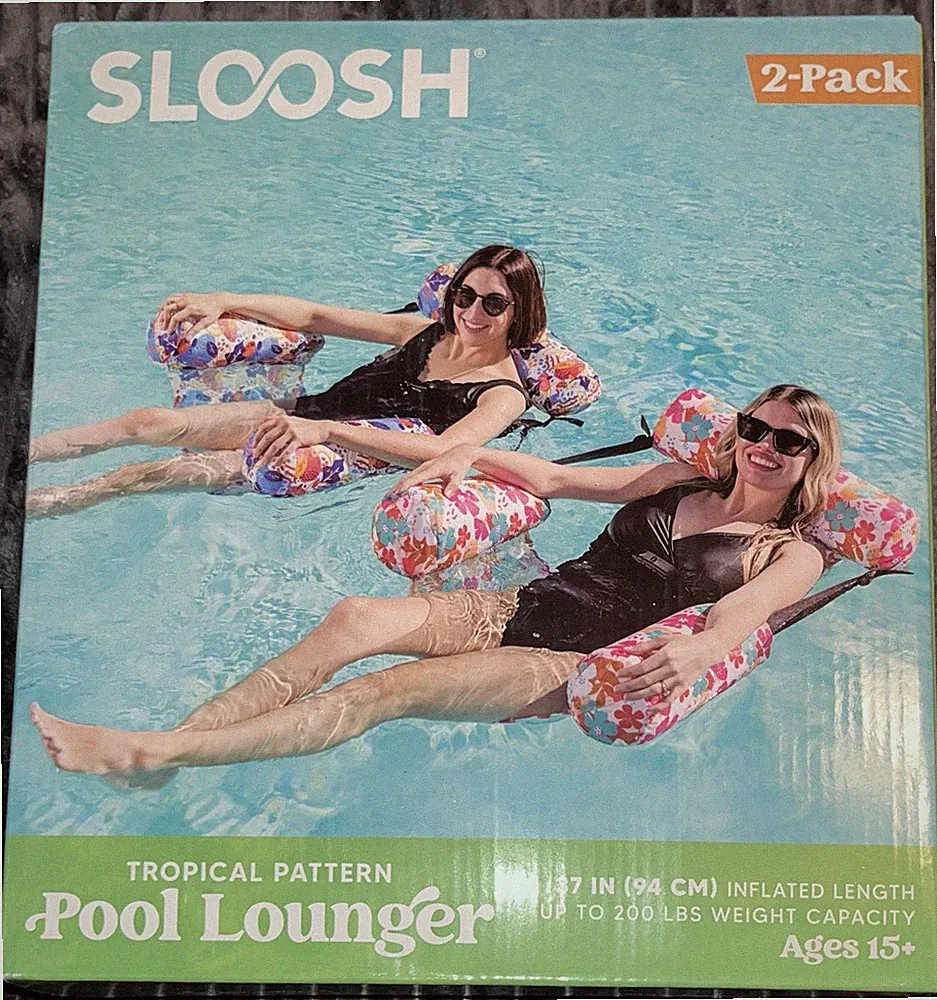 New Sloosh 2pk Tropical Pattern Pool Loungers 37” Inflated Length 200lb capacity