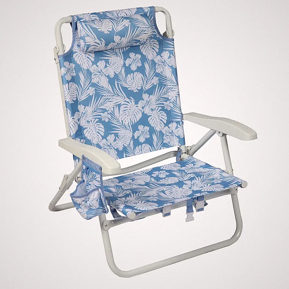 Oversized Beach Chair with Backpack Straps in Blue Palm Print Design