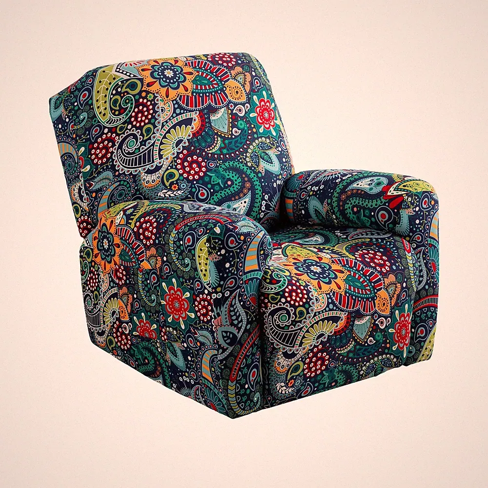 Printed Recliner Cover with Pockets Single Reclining Slipcover 4-Pieces Lazy...