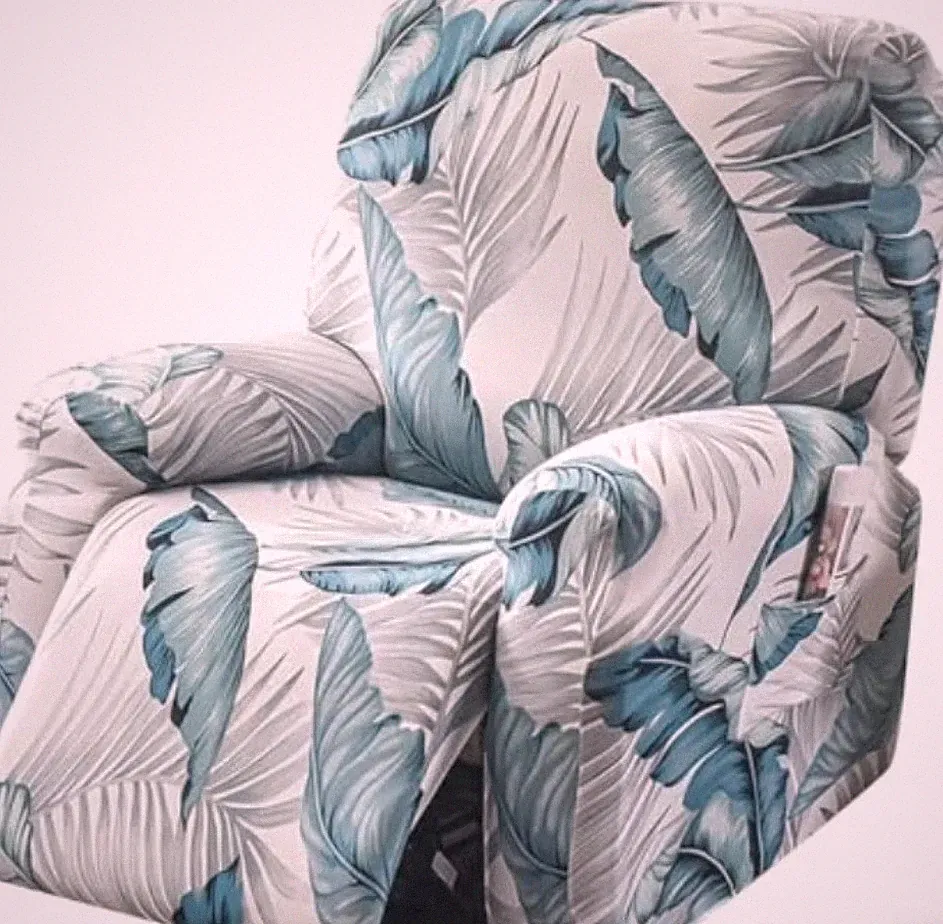 Printed Stretch Recliner Cover AQUA LEAVES Side Pockets Protection Stylish New