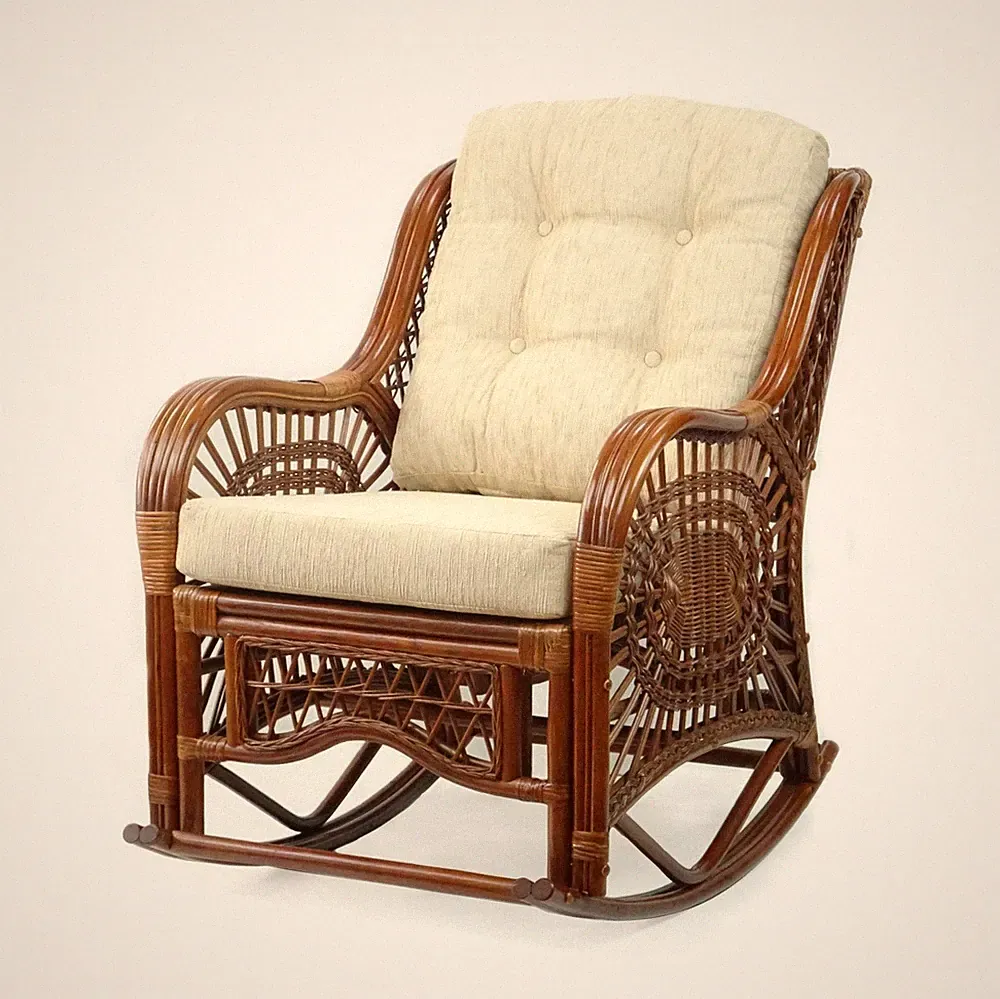 Rocking Malibu Lounge Chair ECO Rattan Wicker Handmade Cognac with Cream Cushion