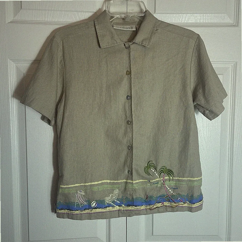 Vintage Jane Ashley Linen Blend Shirt Women S Beige Y2K Beach Embroidered Blouse